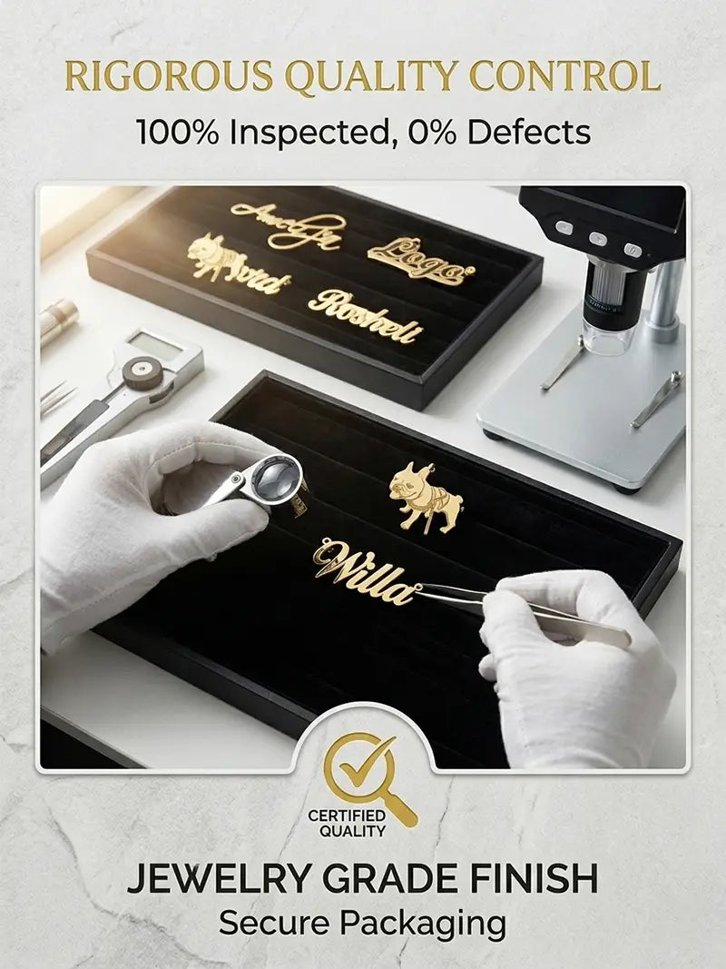 gold-colored engraved stainless steel custom photo engraved dog keychain and nameplate jewelry pieces displayed in black velvet trays
