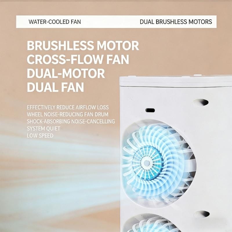 white water-cooled dual brushless motor cross-flow fan with blue illuminated blades and usb c charging connection featured in a smart home portable humidifier with sleek modern design