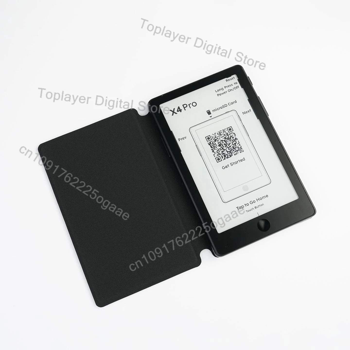 Black x4 pro e-reader with a sleek minimalist design and protective cover shown with the official original magnetic charging dock for xteink x4 pro.