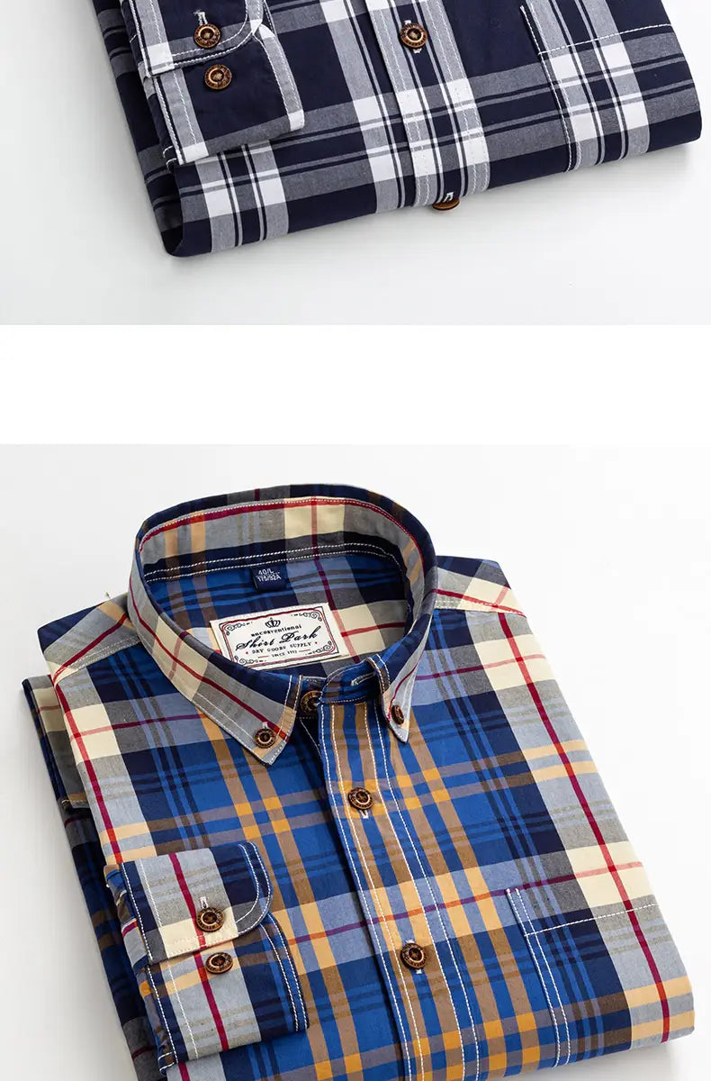Men’s cotton plaid long sleeve slim fit shirt in navy and blue with a contrasting collar brown buttons and subtle stitching details.