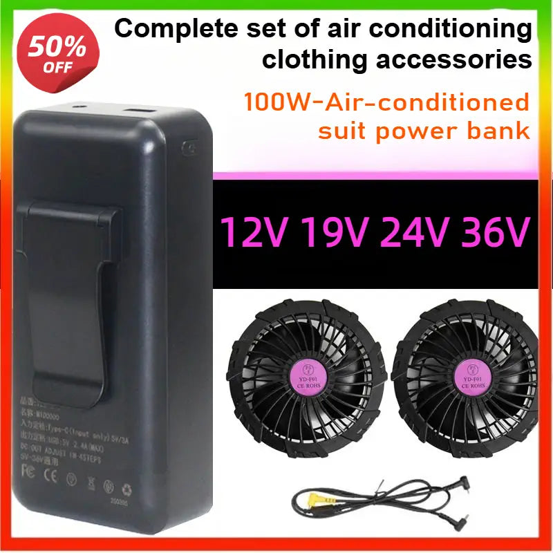 Black rectangular 100w air-conditioned suit power bank with integrated clip and multiple voltage outputs designed for use with a multi voltage cooling vest power bank 36w.