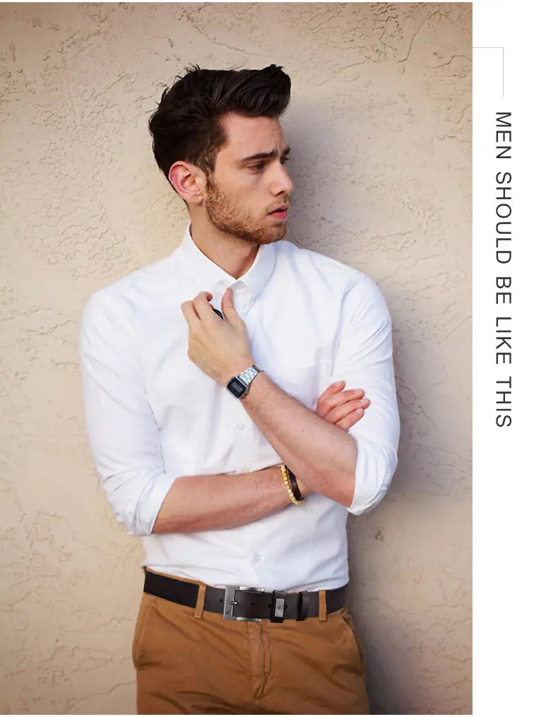 Ceinture en cuir noir pour hommes, sangle de luxe vintage avec boucle à ardillon, avec boucle rectangulaire ton argentée.