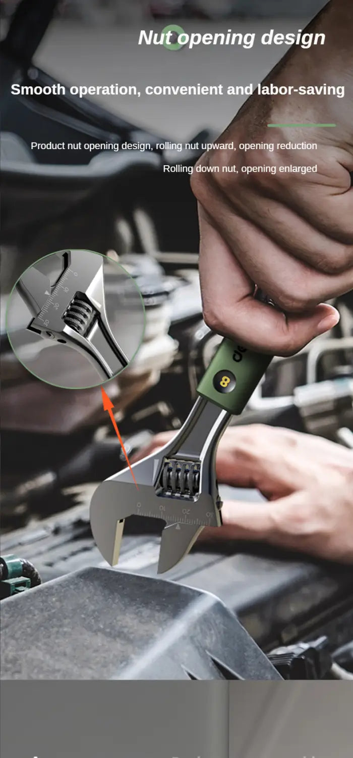 Adjustable wrench from the Deli multitool hand repair tool kit with a green handle and metallic jaws featuring an innovative nut-opening design for smooth operation.