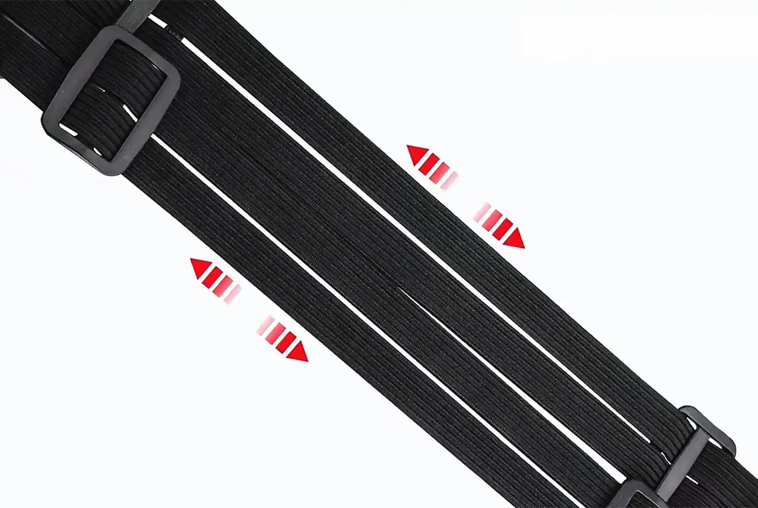 black elastic strap with gray plastic buckle and adjustable length indicators for car trunk organizer cargo strap shown from front angle
