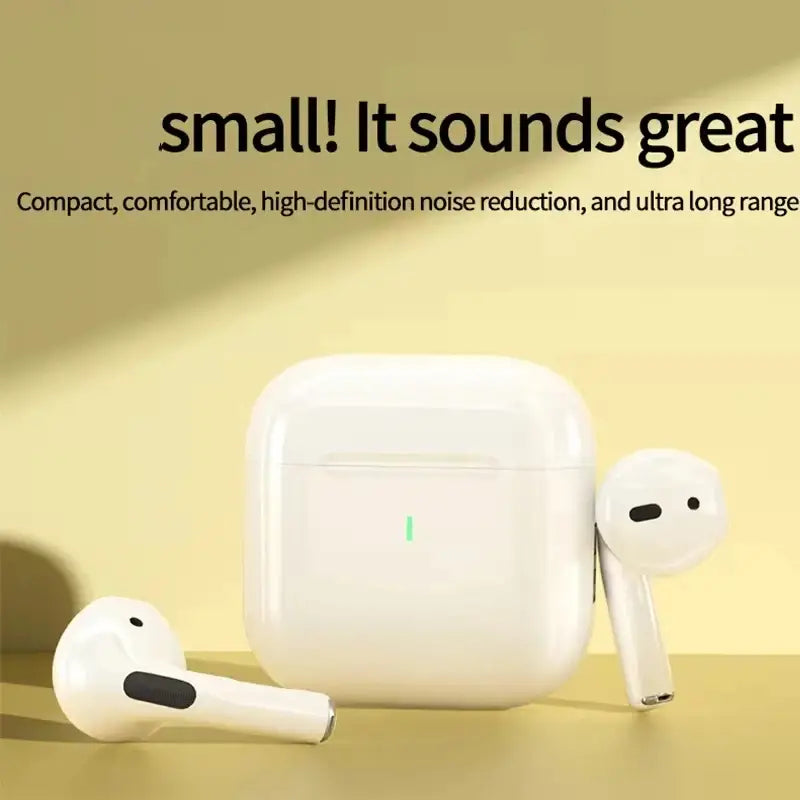 true buds5 wireless bluetooth earbuds feature white earbuds with black accents and a matching charging case designed for hifi stereo sound.