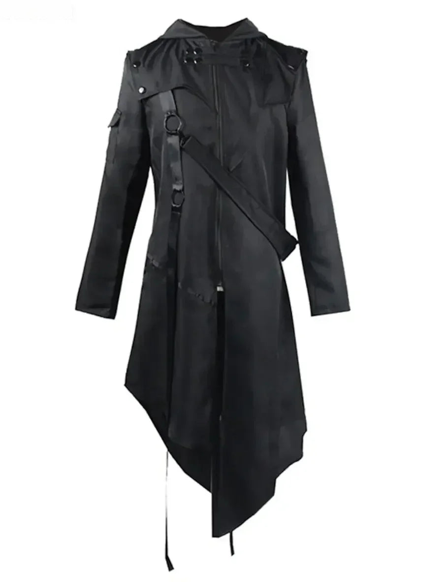 New  Men's Punk Style Irregular Trench Coats Black Gothic Long Hooded Jackets Halloween Man Cosplay Costume Large Size S-5XL