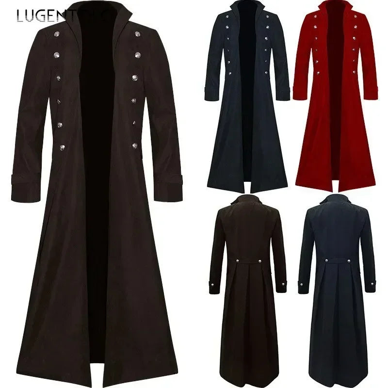 Men Gothic Trench Medieval Steampunk Retro Coat Double-breasted Trim Solid Men's Lapel Coats Vintage Long Jackets