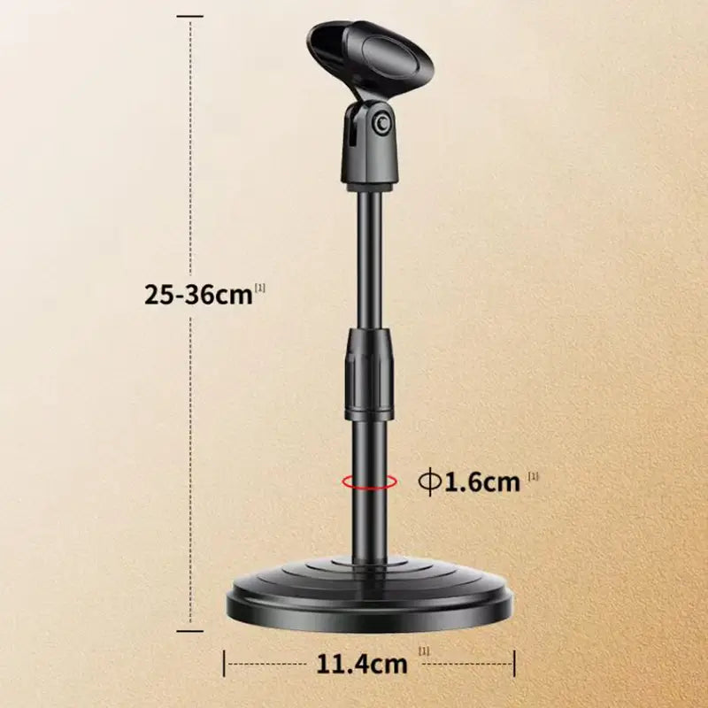 Adjustable desktop microphone stand and holder in black with a circular base and telescoping pole made of metal for secure microphone positioning.