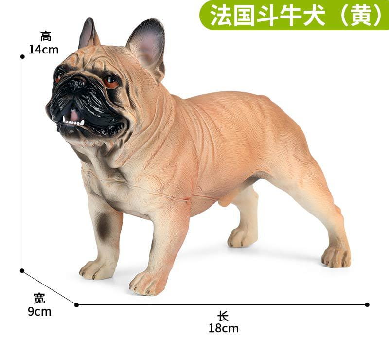 a detailed tan french bulldog figurine with black facial features and expressive orange eyes crafted from realistic plastic as finished goods in the soft animal figurine decompression toys collection