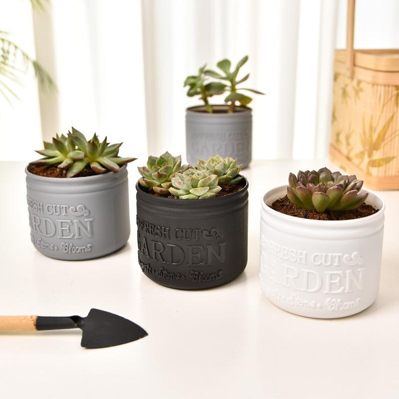 多肉植物用の小型サイズの円筒形セラミック植木鉢3点。灰色・黒色・白色のエンボス加工で「フレッシュカットのガーデンテキスト」が施されています。