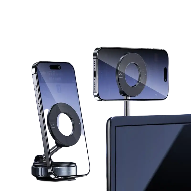 Black foldable magnetic car phone holder with adjustable arm and circular suction cup base showing magnetic attraction