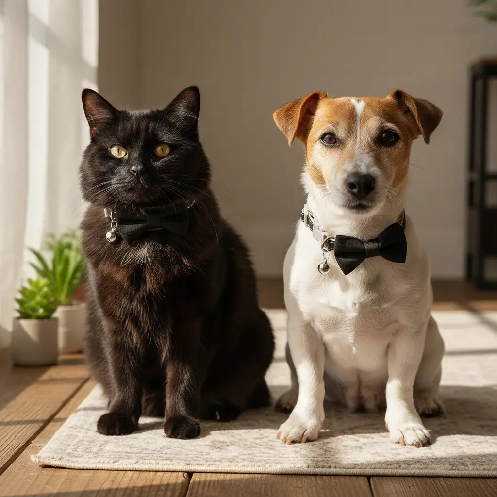 Schwarzes Fliegen-Haustierhalsband mit silberner Glocke an einer schwarzen Katze und einem weißen Hund, verstellbare Größe 22–28 cm
