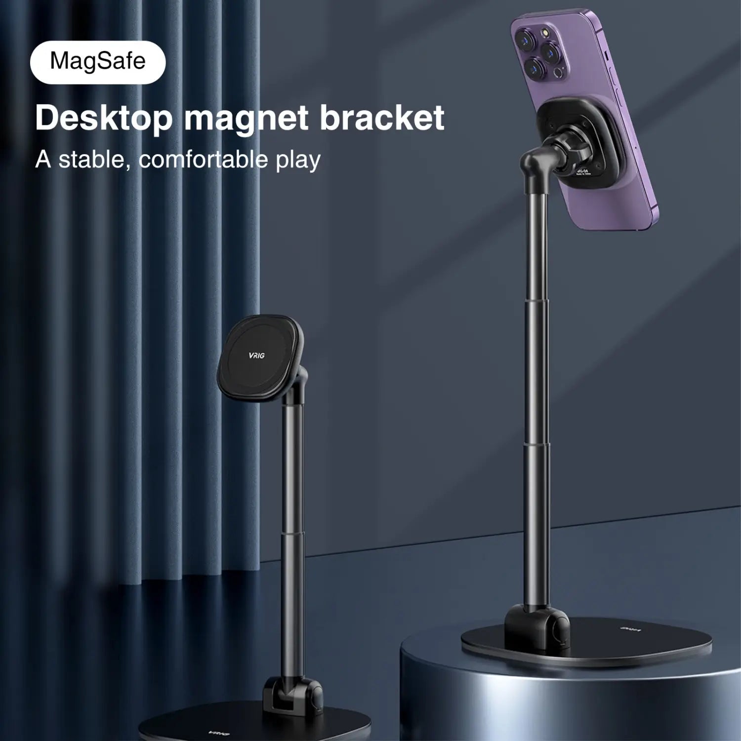 Schwarze MagSafe-Desktop-Magnethalterung mit verstellbarer Höhe und stabilem Sockel für eine kabellose Lade-Handyhalterung.