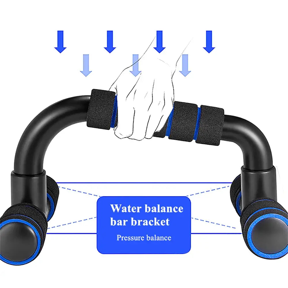 Adjustable push up bars for home muscle training in black and blue with padded grips and wheels for smooth movement.