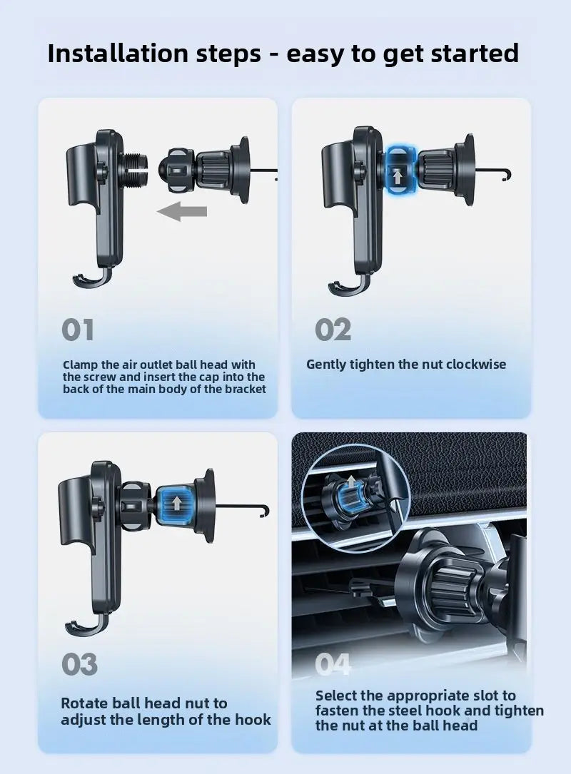 black plastic gravity car phone holder air vent mount with adjustable hook and ball head mechanism shown from the back side