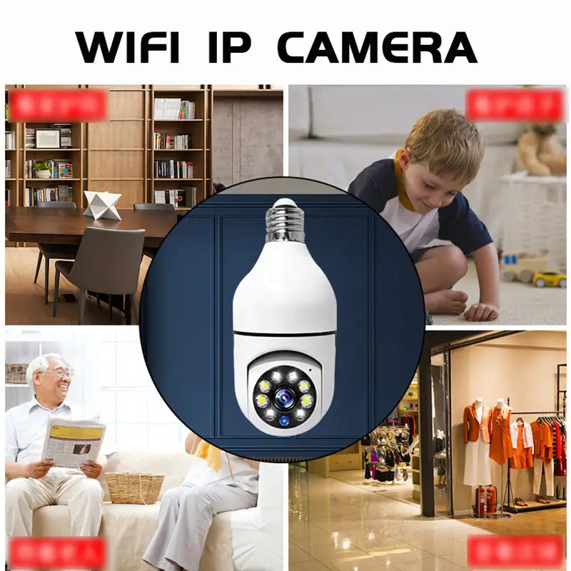 weiße birnenförmige WLAN-IP-Kamera mit Schraubsockel und kreisförmigem LED-Licht-Array um die Linse für 1080p-Smart-HD-Sicherheitsüberwachung.