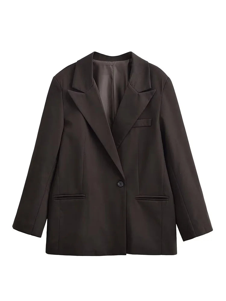 HH Women Fashion Solid Blazer Female High Street Pockets Turn-down Collar Single Button Commuter Casual Long Sleeve Autumn Coat