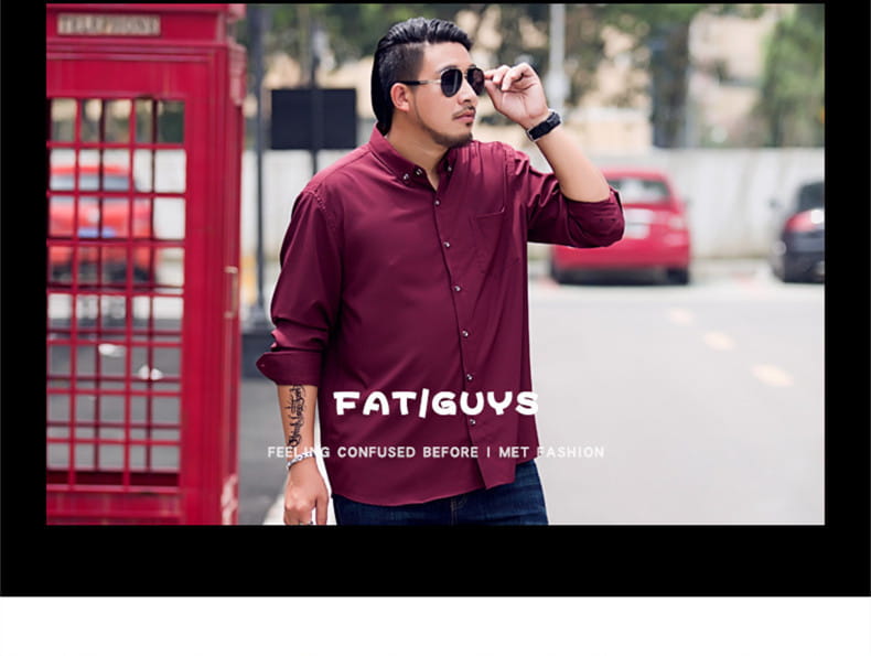 Chemise habillée pour hommes, grande taille, bordeaux, manches longues, pour travail formel, avec col classique et détails soigneusement cousus.