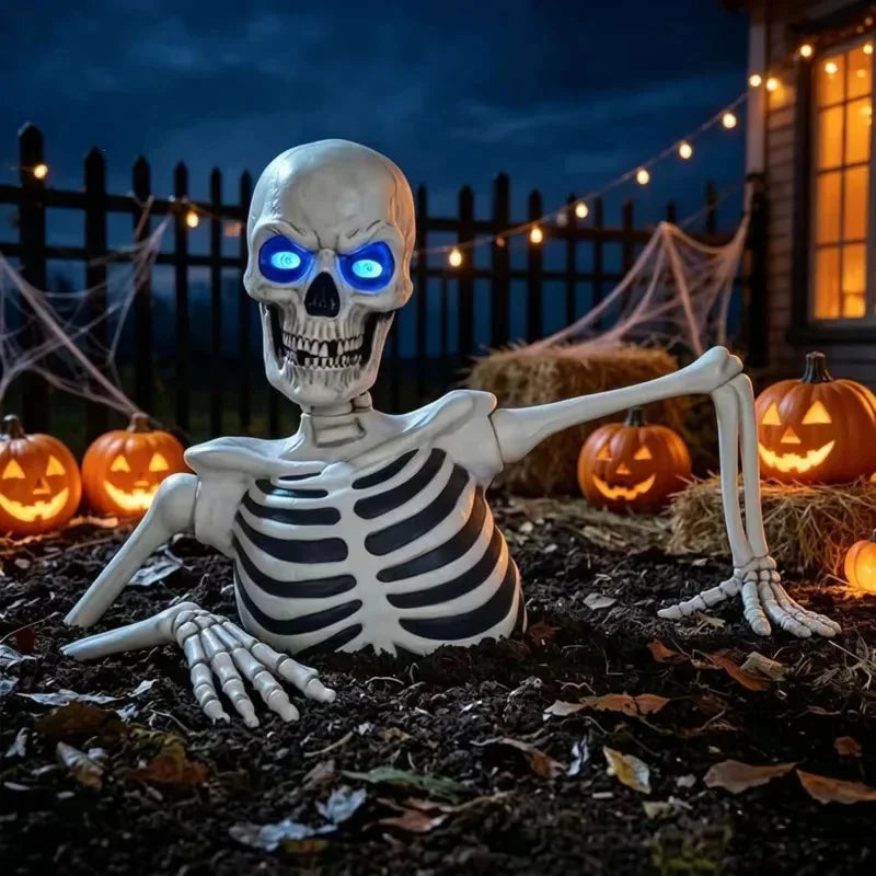 Halloween Half Skeleton Decor Prop, Fake Bones Featuring Blue Glowing Eyes Scary Ornament Garden Lawn Cemetery Indoor Party Gift