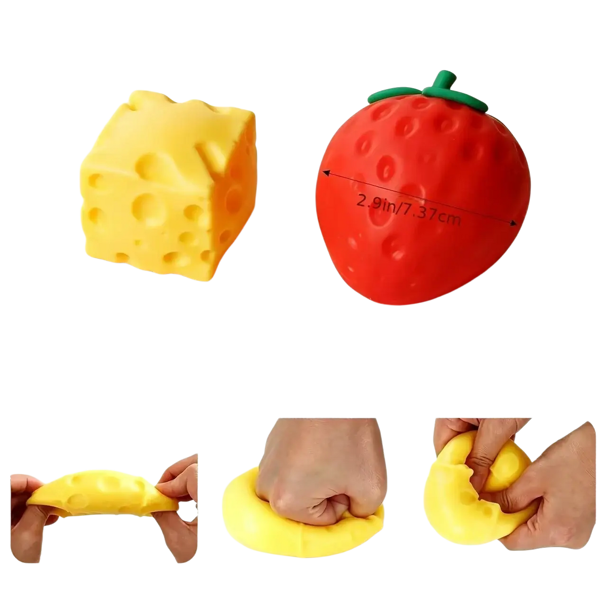 Yellow cheese squishy and red strawberry squishy sensory fidget toys with textured surfaces shown from front angle