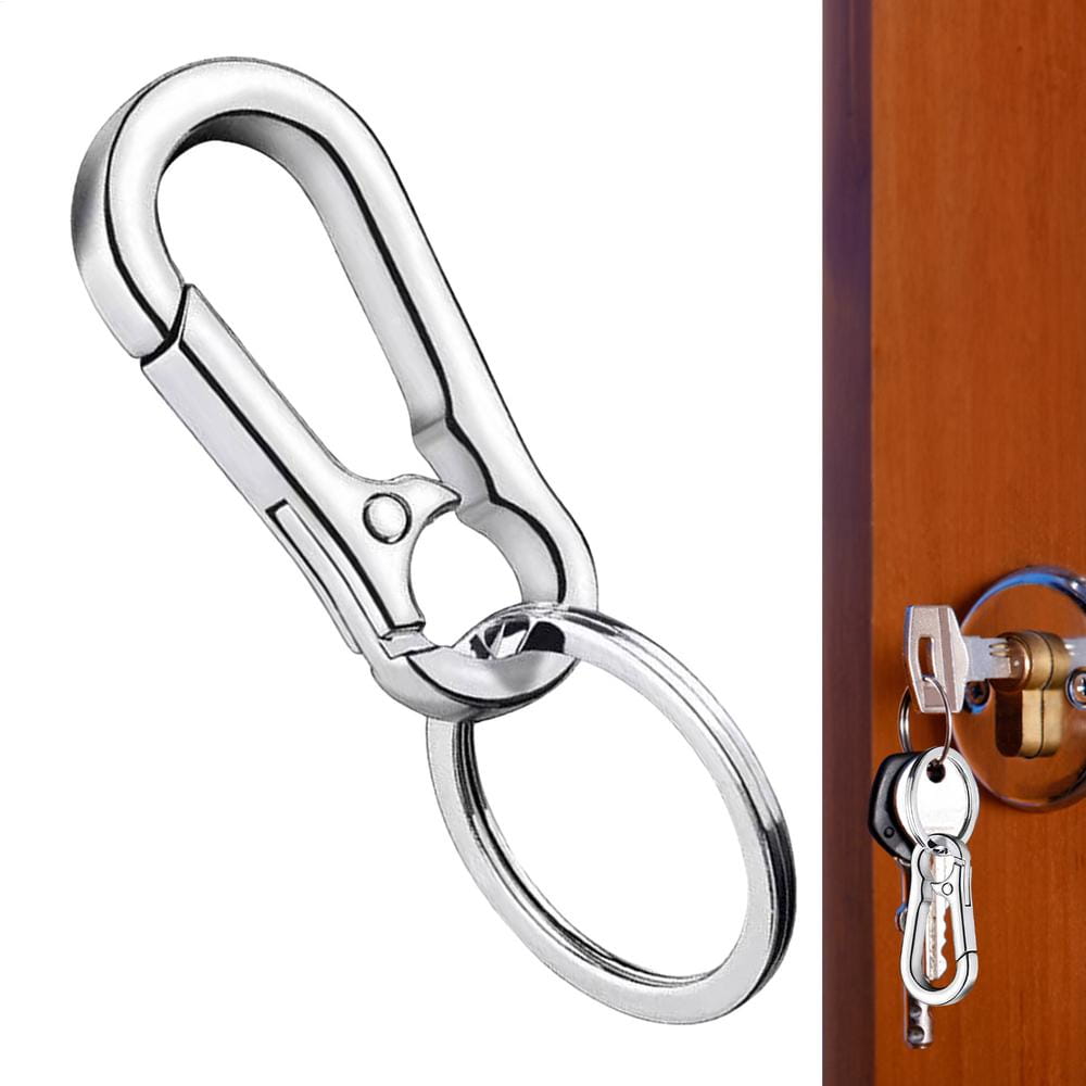 Shiny silver zinc alloy car keychain with anti-lost carabiner and circular ring attachment.