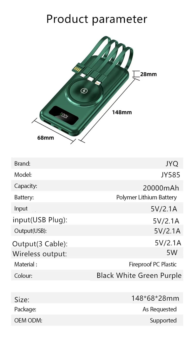 Chargeur portable rapide sans fil en plastique PC ignifuge de couleur verte, batterie Li-polymère, charge rapide, trois câbles USB incluant micro USB et un socle de charge sans fil.