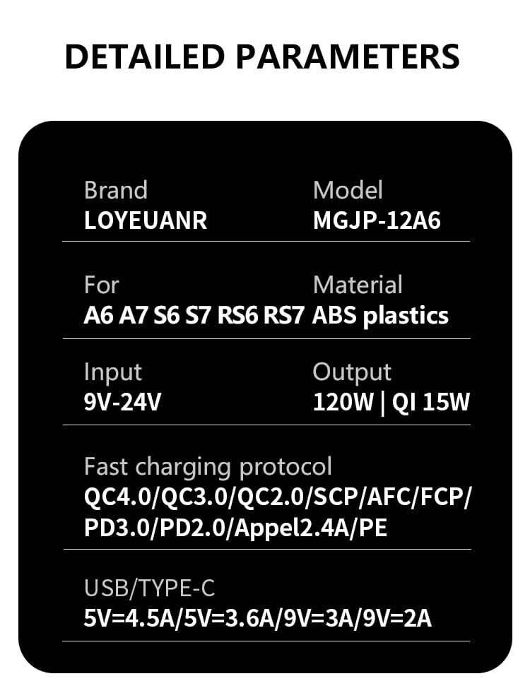 Étiquette rectangulaire noire au dos d’un tapis de charge sans fil Audi A6 C7 Rs6 S7 Rs7, pour l’adaptateur de charge rapide Loyeuanr MGJP-12A6 compatible avec les modèles Samsung, avec construction durable en plastique ABS.