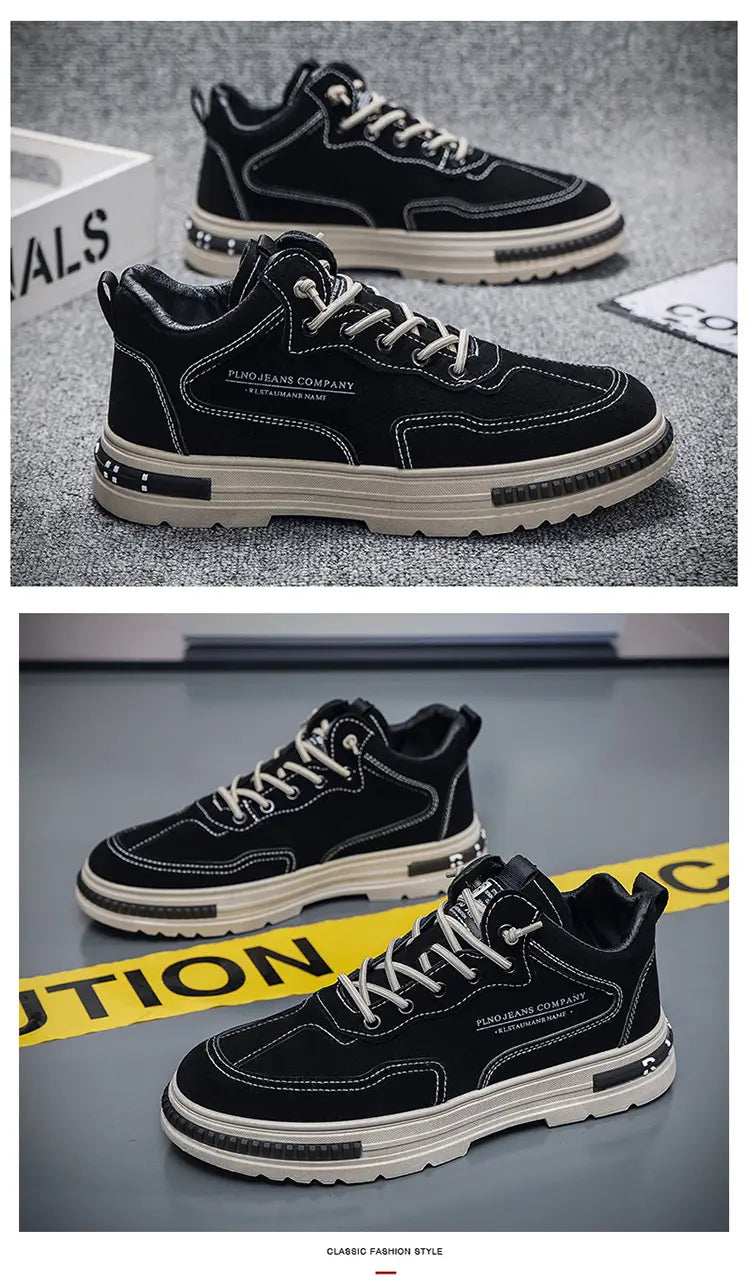 Zapatillas casual para hombre tipo botín alto de gamuza negra con cordones blancos, plataforma transpirable, que incluye costuras sutiles y la marca de la empresa Fuso Jeans en el lateral con suela de goma beige contrastante.