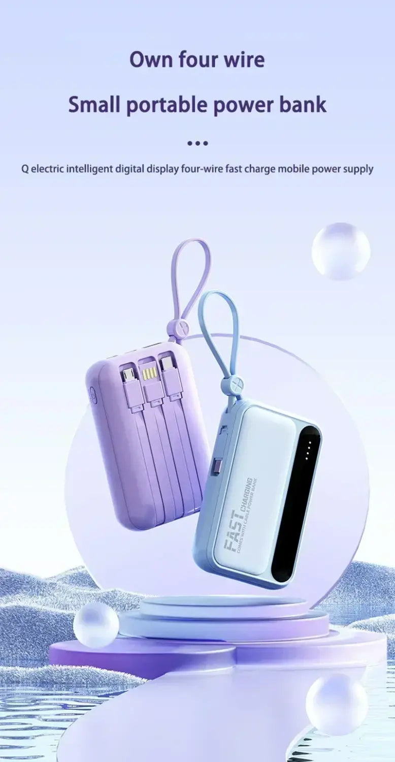 Two compact rectangular portable power banks in lavender and light blue with integrated carrying loops and multiple usb ports for super fast charging power bank 30000mah fast charging with built-in cables purple.