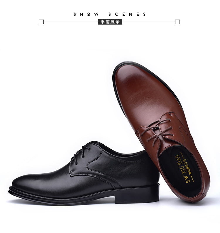 Ein Paar Herren-Lederschuhe vom Typ Oxford mit formalem Schnürdesign in elegantem Schwarz und edlem Braunleder mit passenden Schnürsenkeln.