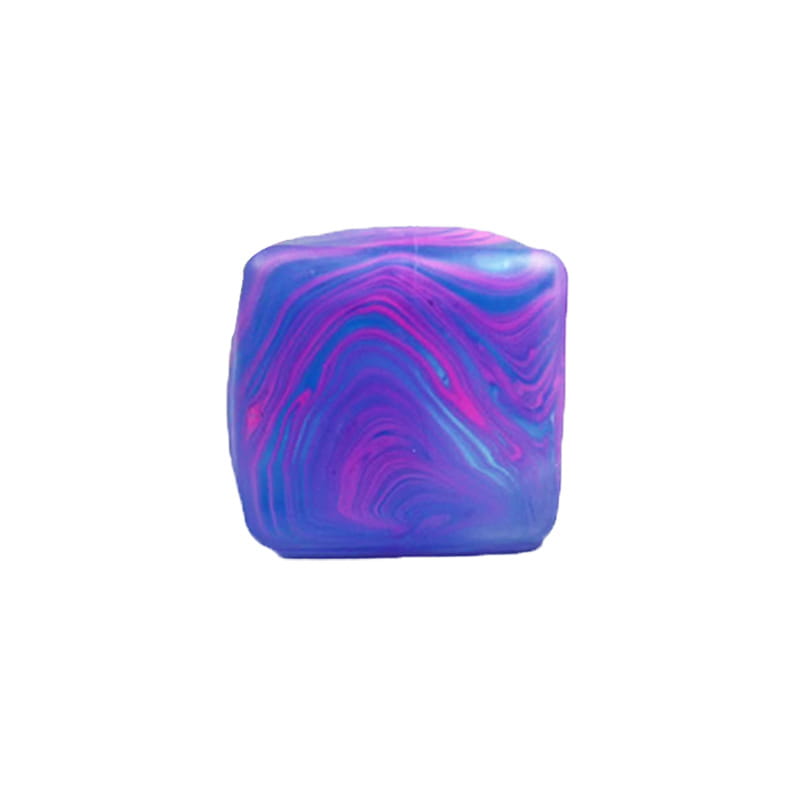 A glossy cube squeeze toy with vibrant purple and blue marble swirl patterns designed as a slow rising sensory fidget stress ball.