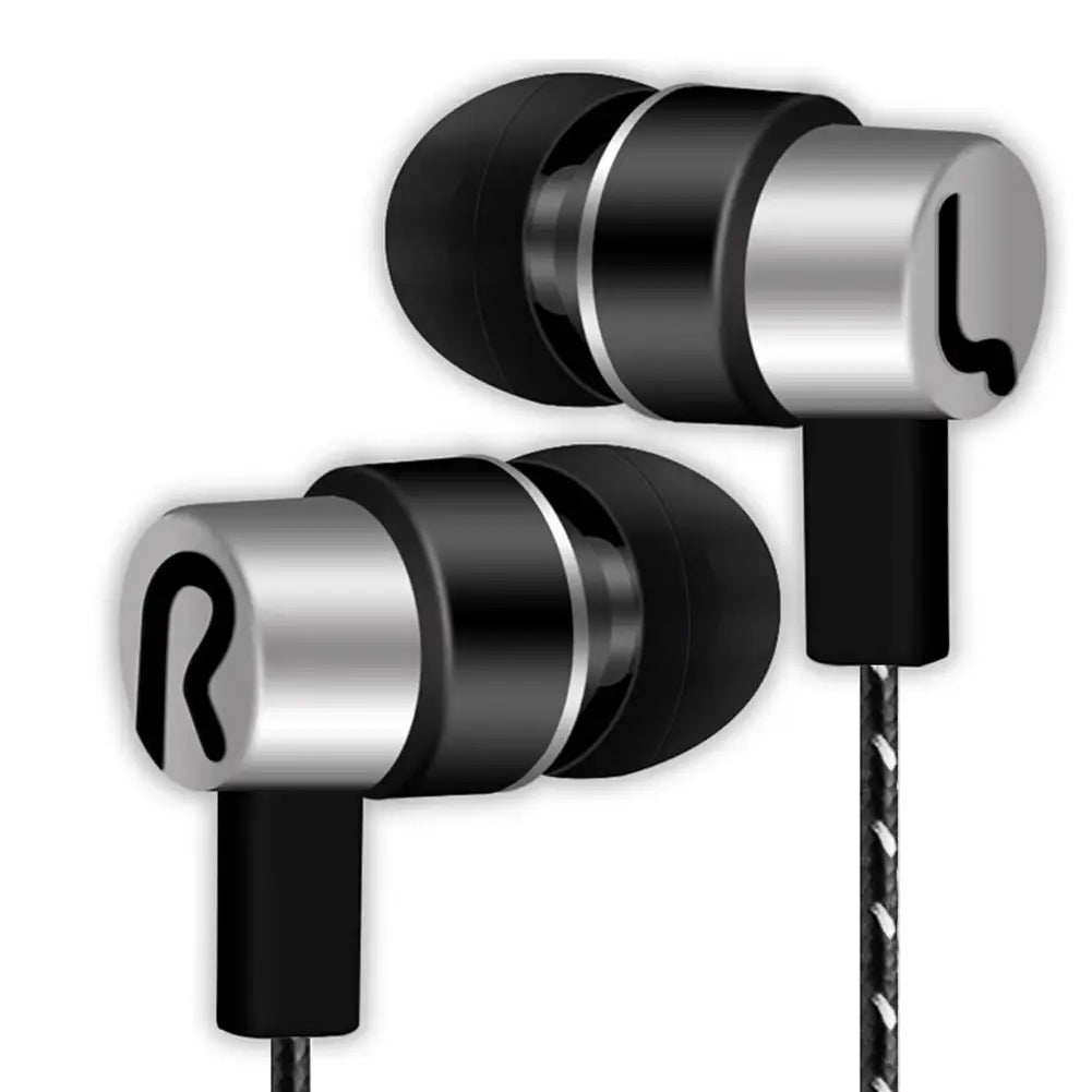 Black and silver 3.5mm wired in-ear bass stereo earphones featuring a sleek metallic finish on the earpiece housing.