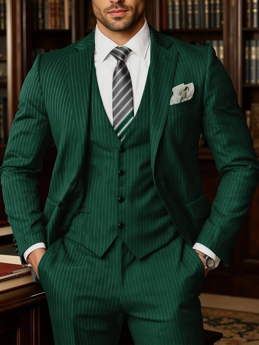 Elegant Men's Suits Luxury Stylish Black Pinstriped 3 Piece Suit for Men Wedding Business Event (Jacket+Vest+Pants)