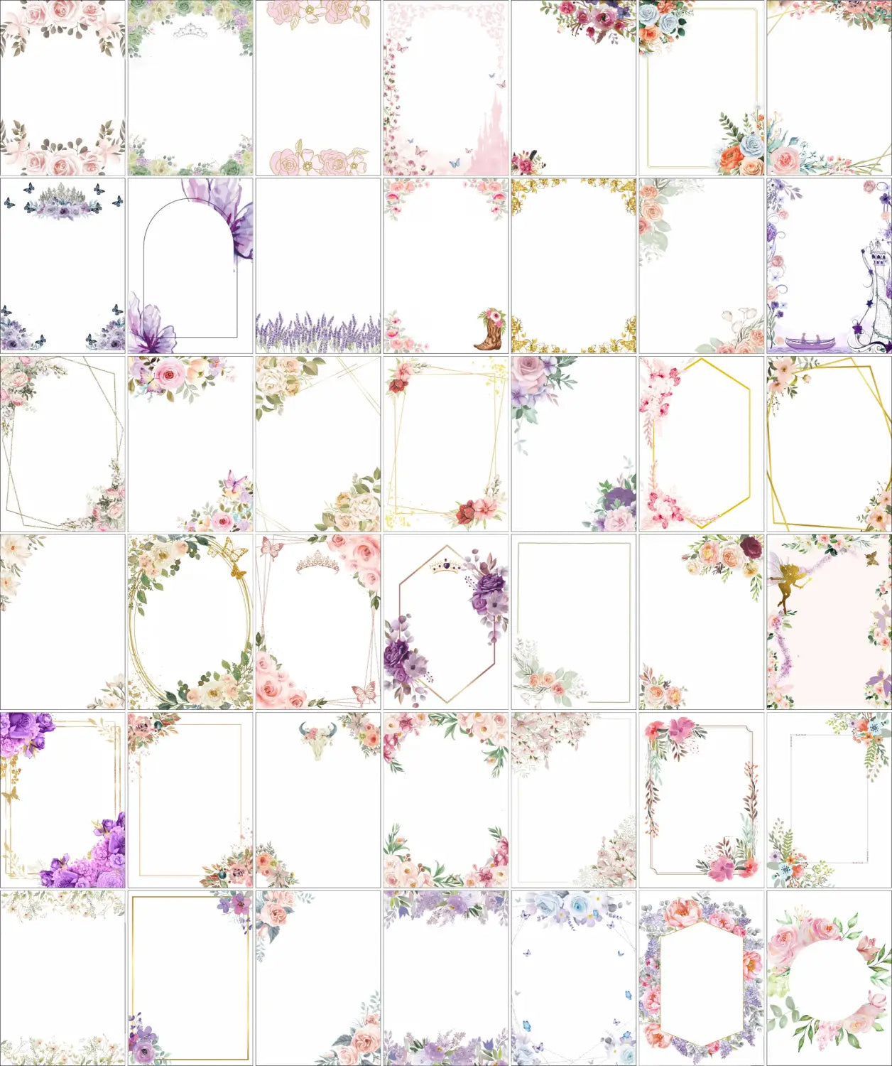 a collection of custom acrylic shabbat candle blessing souvenirs featuring delicate floral border designs in soft pastel pinks purples and lavenders with watercolor style flowers and greenery arranged around various frame shapes