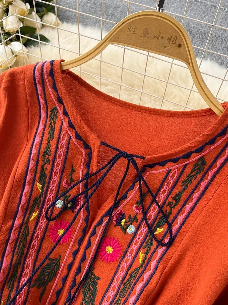 2026 New Spring Autumn Vacation Retro Ethnic Embroidery Dress Lantern Long Sleeve Waist Bohemian Dress A157
