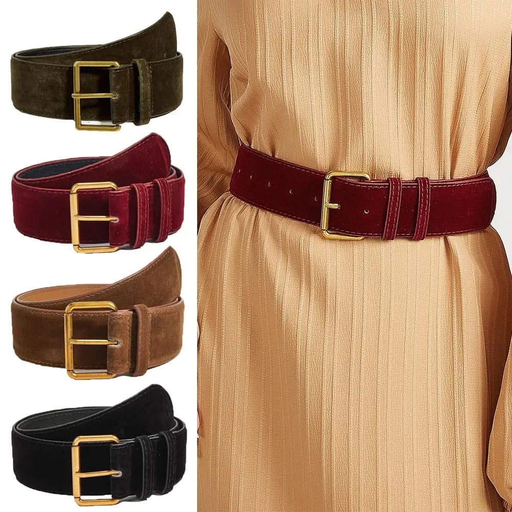 Women Fashion Luxury Design Suede Leather Wide Belt Trendy Casual Pin Buckle Waistband & Versatile Trouser Dress Belts Gifts