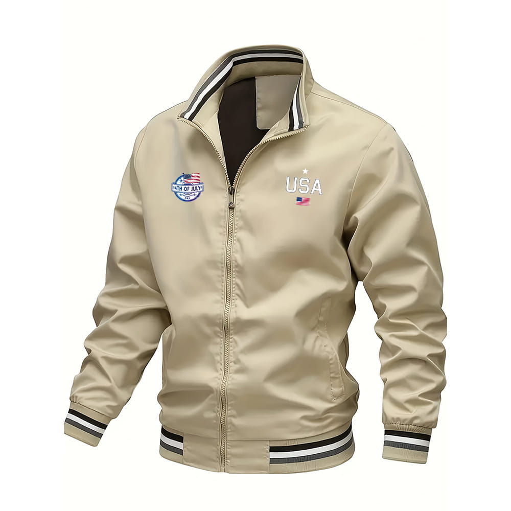 Chaqueta tipo bomber USA para hombre color beige, abrigo casual con gráfico de letras tipo varsity, ribetes a rayas negro y blanco y bordado de la bandera de EE. UU. en el pecho y en la manga