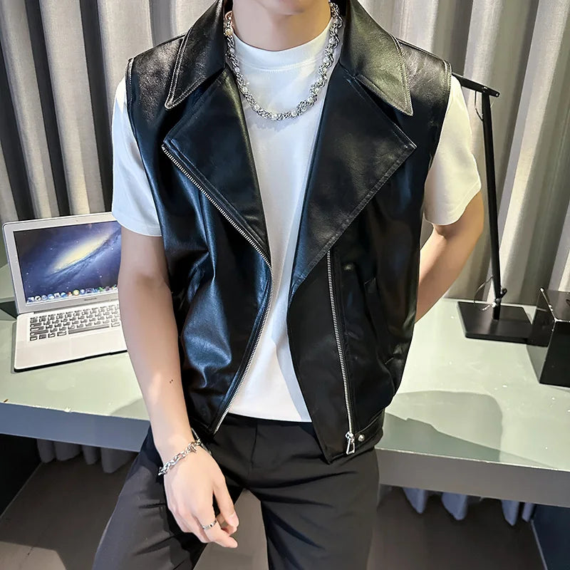 Pu Leather Vest men Trendy Streetwear Biker Jacket Fashion Male Waistcoat Motorcycle Style Hip Hop Clubwear Night Cool Outerwea