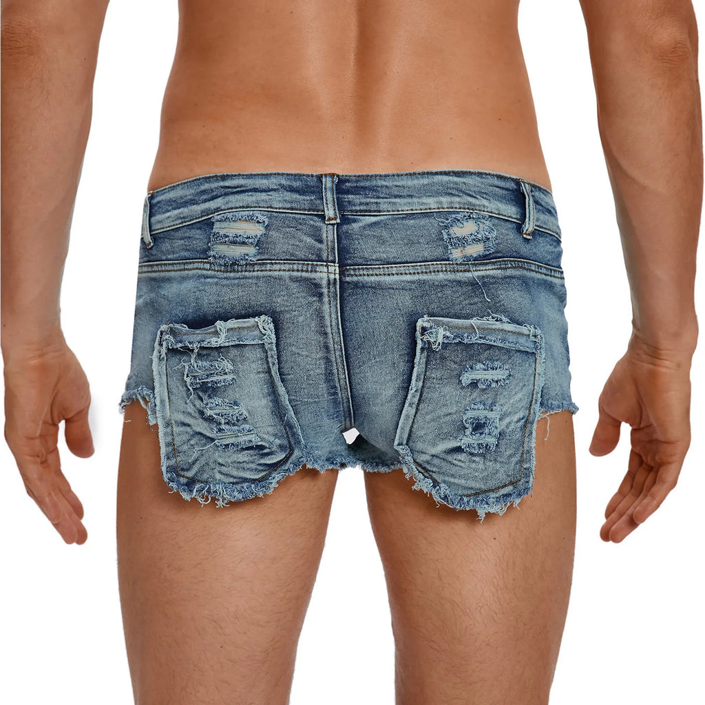 Mens Denim Boxer Shorts Stylish Ripped Bottoms with Pockets Low Rise Raw Trim Distressed Mini Shorts Hot Pants for Rave Party
