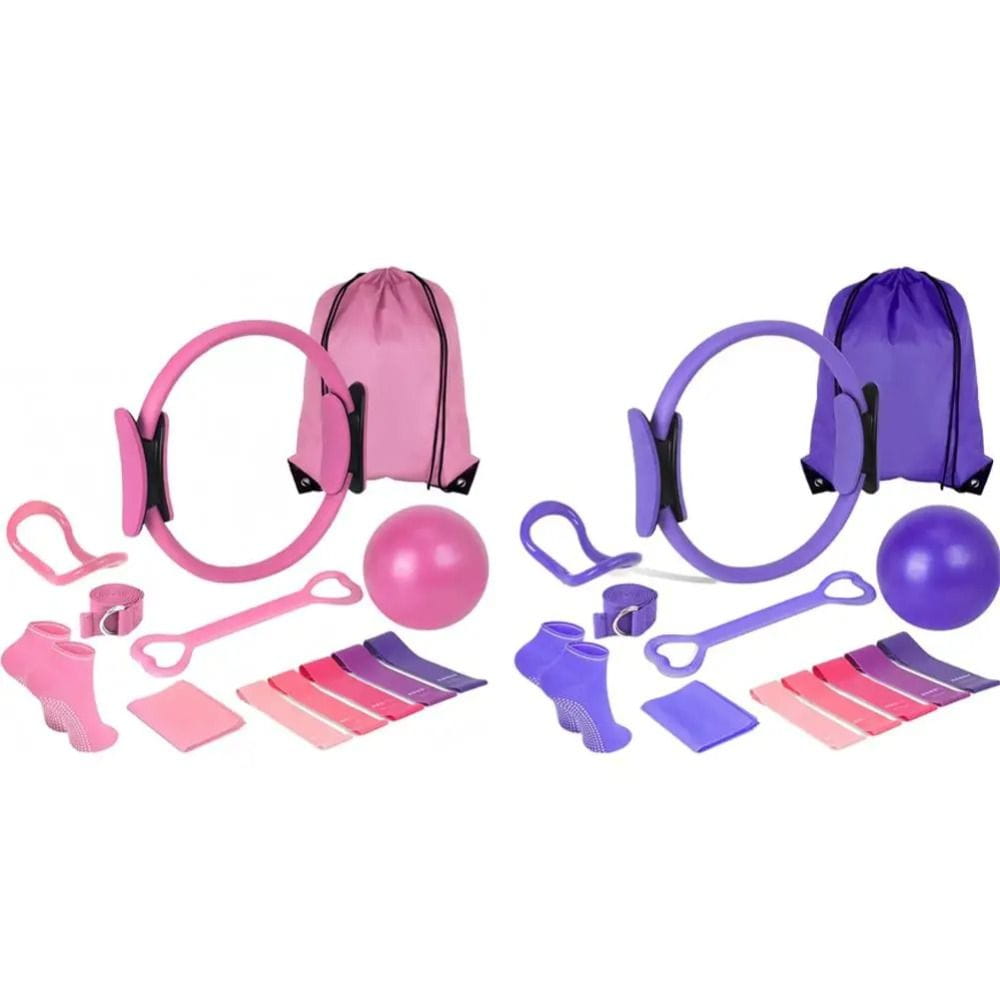 Pilates equipment kit 13-piece fitness set includes pink and purple pilates rings with matching drawstring bags resistance bands and accessories for versatile workout use.