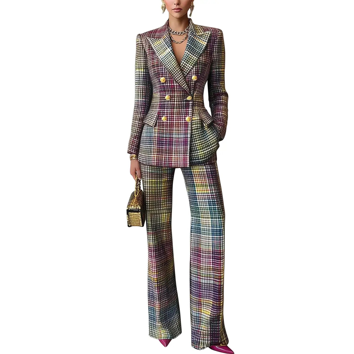 Ein lebhaftes mehrfarbiges Karo-Damen-Karo-Blazer-Hosen-Set aus Synthetikfaser mit zweireihigem Verschluss-Typ und Wide-Leg-Hosen.