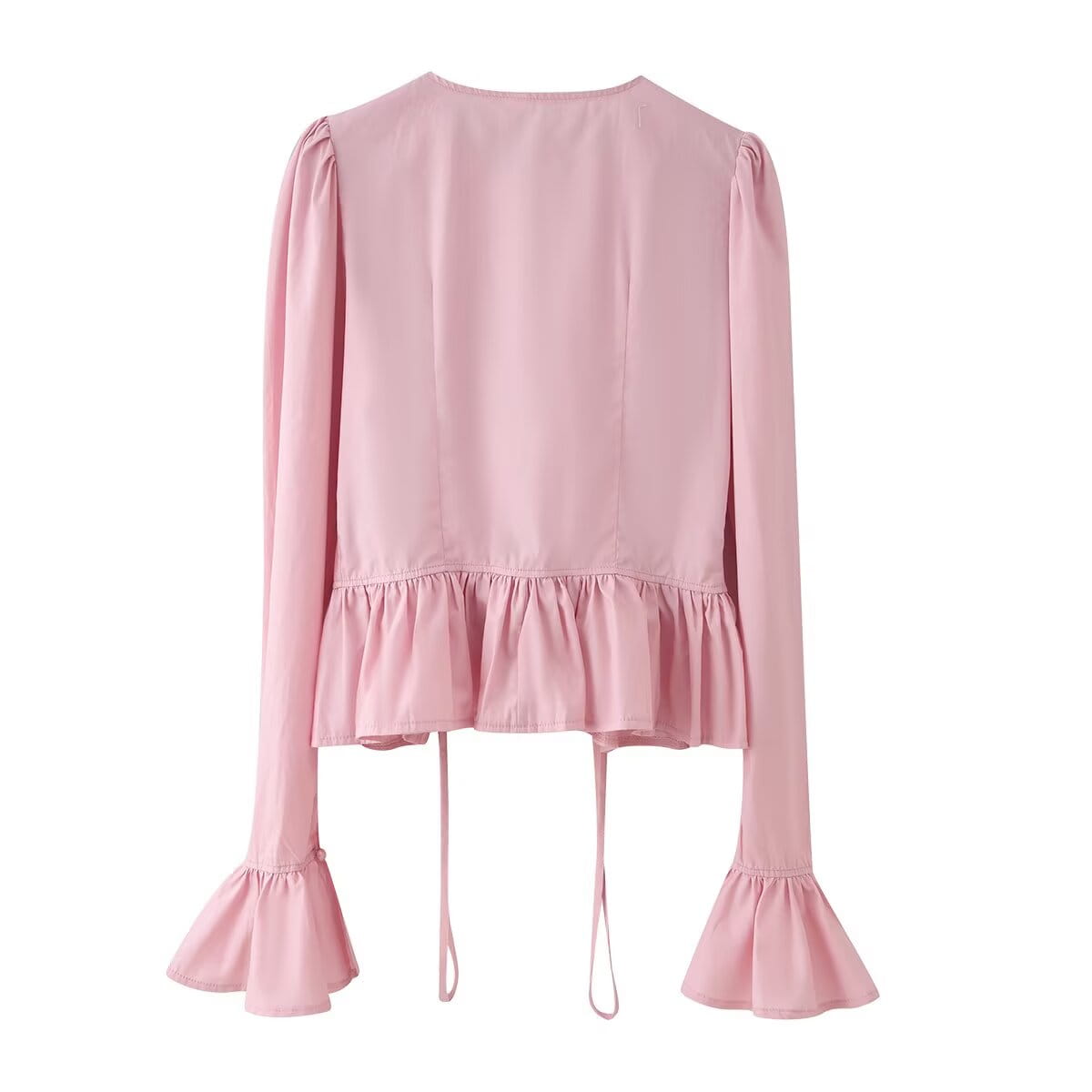 A soft pink slim-fit women long sleeve blouse with round neckline featuring a ruffled hem and flared cuffs.