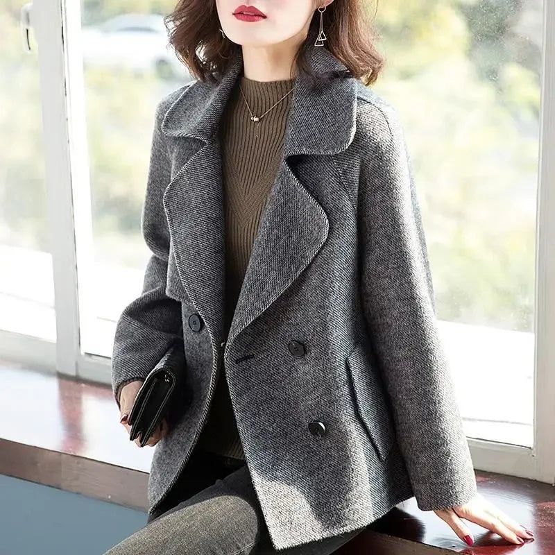 Blazer Wool Blend Coat for Women Half Short Double Breasted Trendy Long Sleeve Mixtures Jacket Woman Cheap Outerwears New In Hot