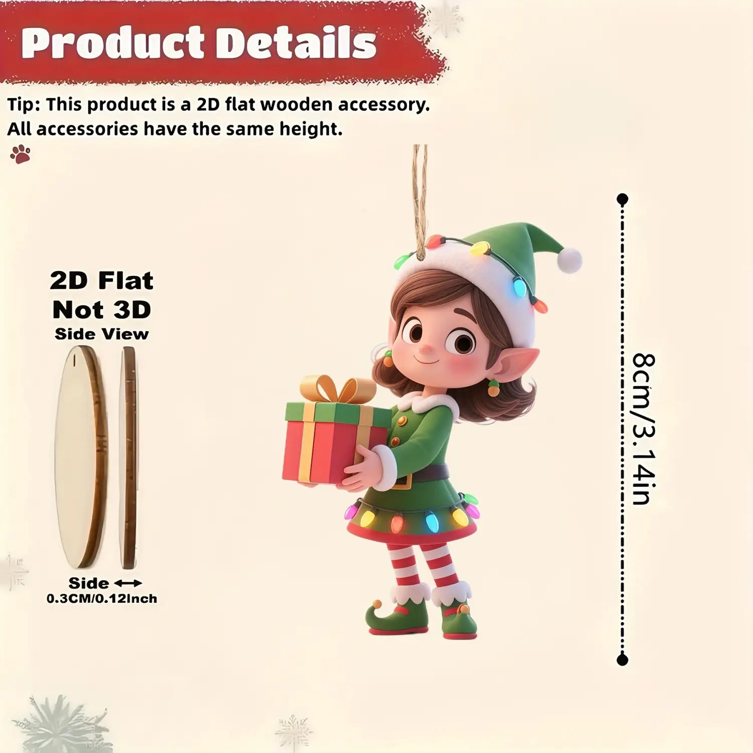 Un adorno plano de árbol de Navidad de duende de madera de Navidad con luces LED de colores y un regalo diseñado como una pieza decorativa en 2D, incluido en un pack de 10.
