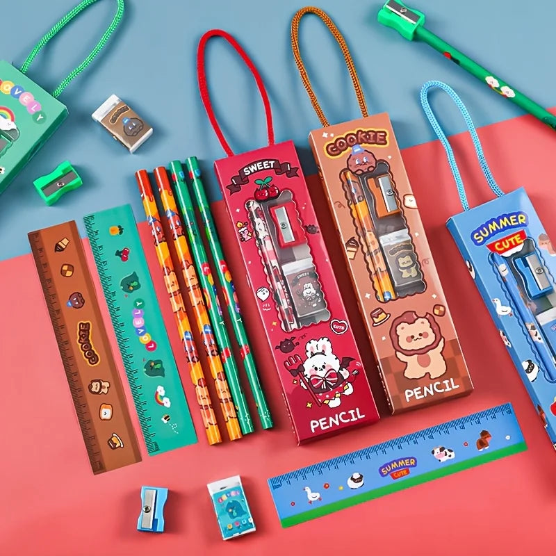 40 Pieces/8 Sets of Cute Stationery Gift Packs, 5/1 Set of Back-To-School Stationery, Each Set Includes a Pencil, Eraser, Sharpener, Ruler (Style/Color Random), High-Quality Stress-Relief Animal Stationery Set, Essential for