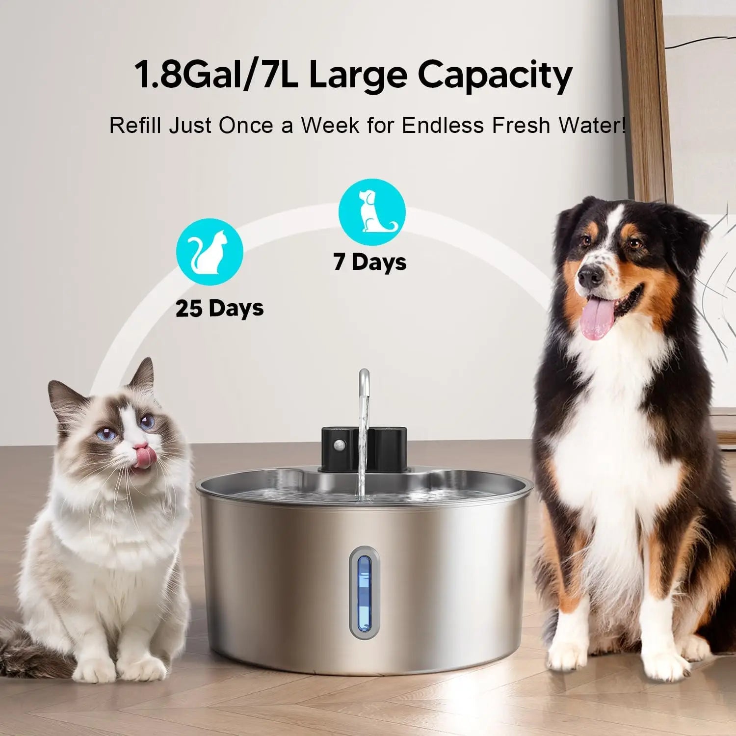 Fontaine à eau sans fil pour chat en acier inoxydable, d’une capacité de 1,8 gallon et d’un indicateur de niveau à DEL bleue, conçue pour les animaux.