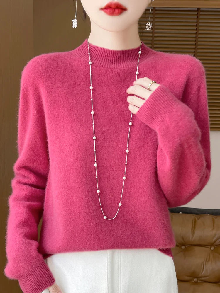 Women's Elegant Basic Style Pullover 100% Merino Wool Knitwear Autumn Winter Warm Solid Casual Loose Exquisite Clothing Tops