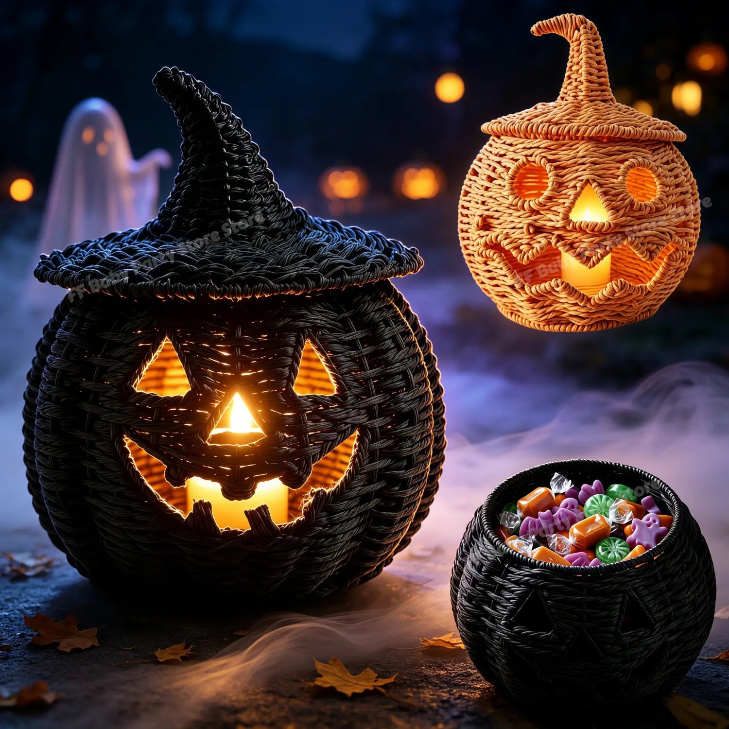 Schwarze geflochtene Kürbislaterne mit Hexenhut, mit orangefarbenem Innenlicht für die Halloween-Dekoration.