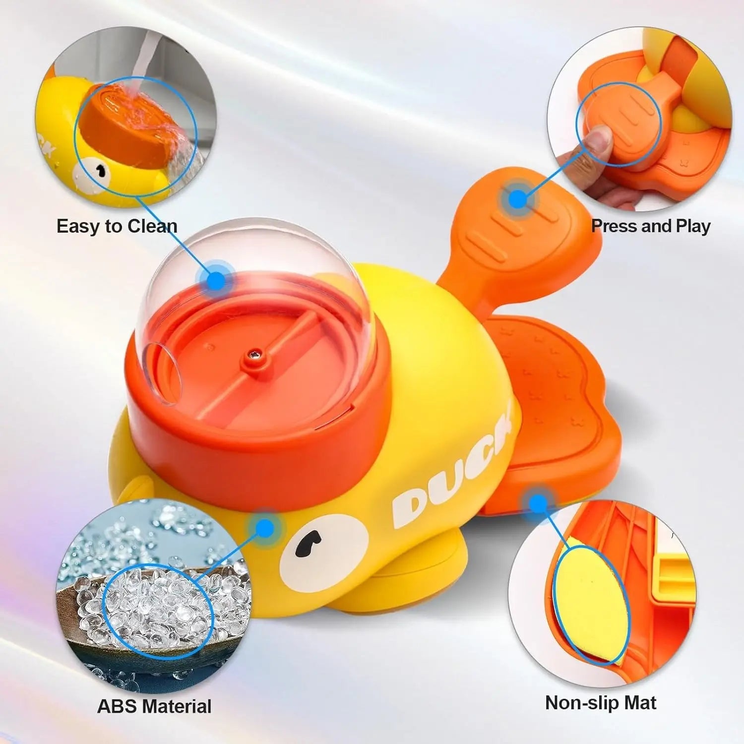 comedero rompecabezas para perros con forma de pato brillante amarillo y naranja, con tapa de cúpula transparente, cuerpo de plástico ABS y patas con textura para una dispensación lenta antideslizante del alimento para perros.