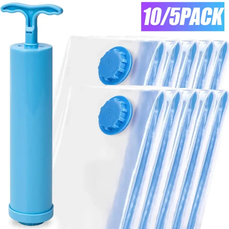 Blue plastic hand pump with matching blue caps on clear vacuum storage bags for space saving clothes.